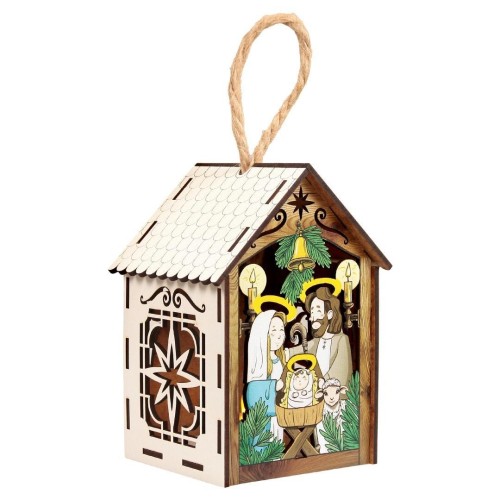 Lampion adwentowy drewniany kolorowy Stajenka LED