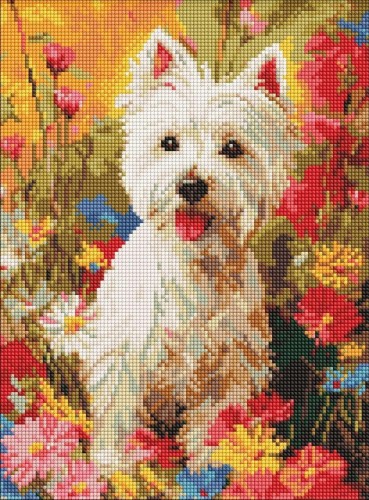 Diamentowa mozaika - Piesek w kwiatach 30x40cm