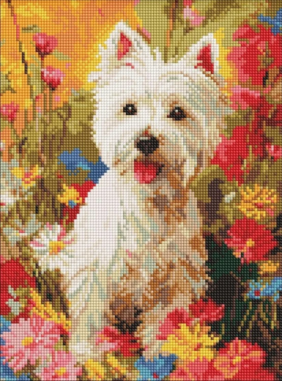 Diamentowa mozaika - Piesek w kwiatach 30x40cm