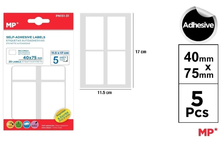 Etykiety samoprzylepne 40x75mm 5ark, MP Main Paper