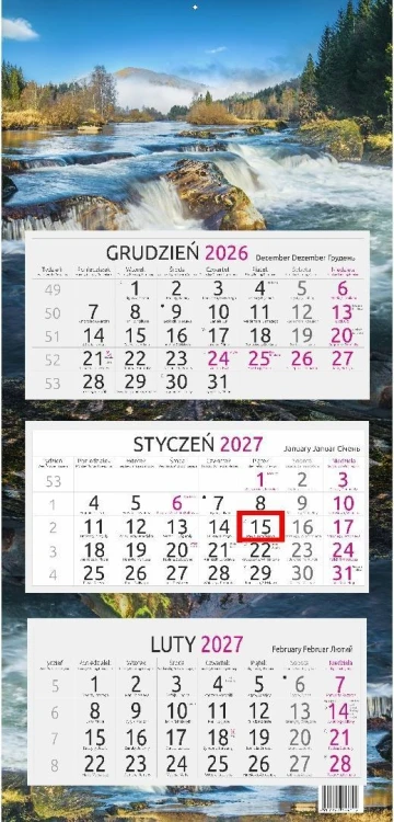 Kalendarz 2027 trójdzielny gł. płaska Górska Rzeka