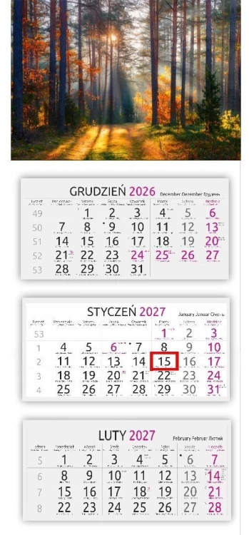 Kalendarz 2027 trójdzielny gł wypukła Jesienny Las