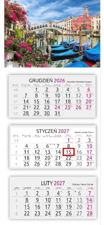 Kalendarz 2027 trójdzielny gł. wypukła Wenecja