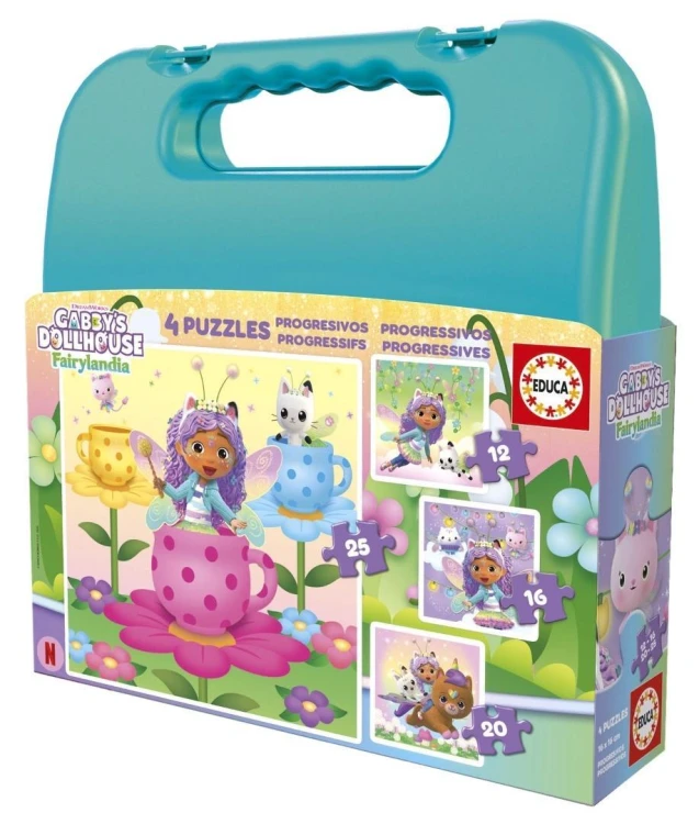 Puzzle 12 + 16 + 20 + 25 Koci Domek Gabi (walizka)
