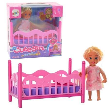 Zestaw mini laleczka w piżamie + łóżeczko różowe